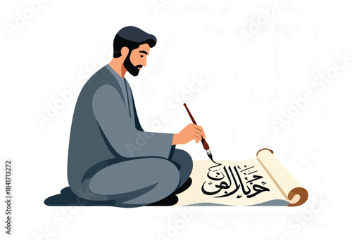 Bearded man in traditional attire skillfully practices Arabic calligraphy on a scroll
