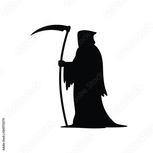 A dark silhouette of the grim reaper holding a traditional scythe