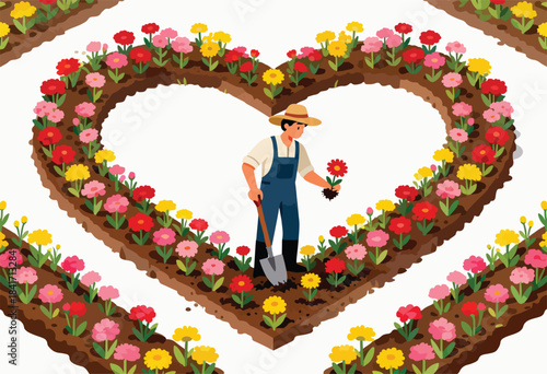 Gardener plants colorful flowers in a heart-shaped garden bed