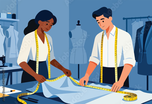 Two tailors measure fabric on a table in a workshop