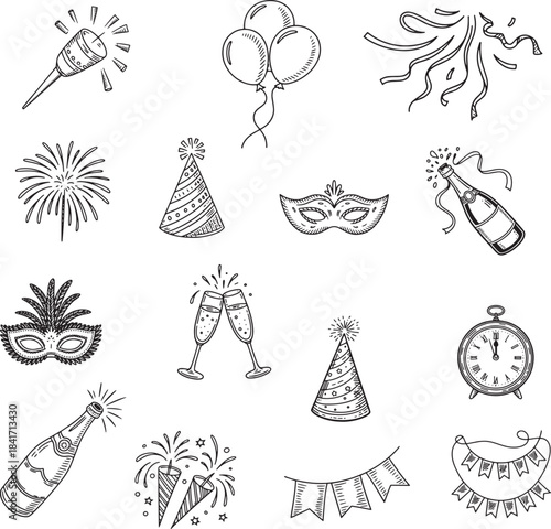 Sketch Style Party Bundle: Balloons, Streamers, Confetti, and Holiday Design Elements