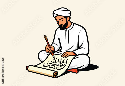 Man in traditional attire meticulously inscribing Arabic calligraphy onto a scroll with a brush