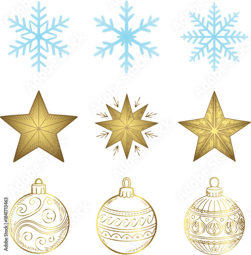 Blue Snowflakes, Gold Stars, and Ornaments Vector Icon Set