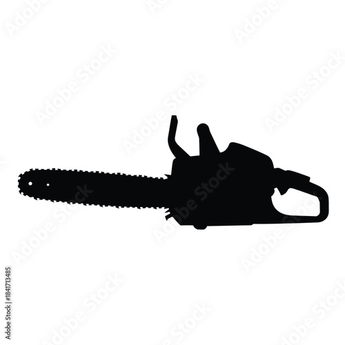 A stark silhouette of a powerful chainsaw against a white background