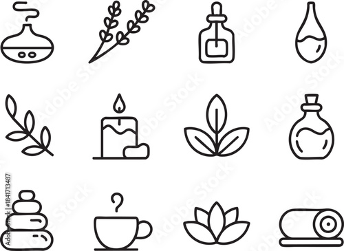 Collection of spa and wellness icons including diffuser candle lotus flower and essential oil bottles