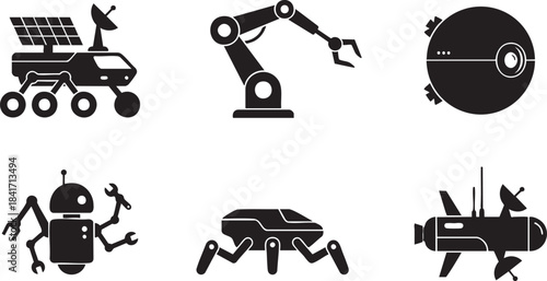 Collection of six black vector icons depicting various robots and spacecraft technology science