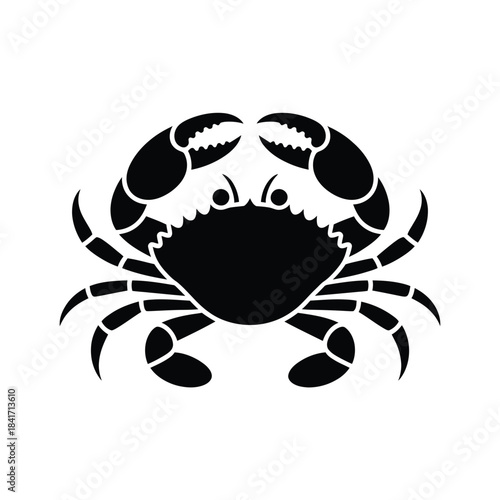 A simple black and white illustration of a crab with prominent claws