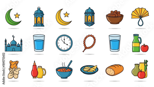 Ramadan and Eid al-Fitr celebration icons set with traditional food and religious symbols.