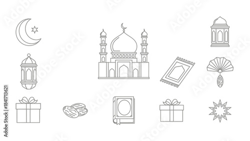 Ramadan and Eid al-Fitr Islamic celebration line art icons set.