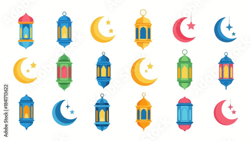 Ramadan Kareem lanterns and crescent moon set for Islamic holiday celebration.
