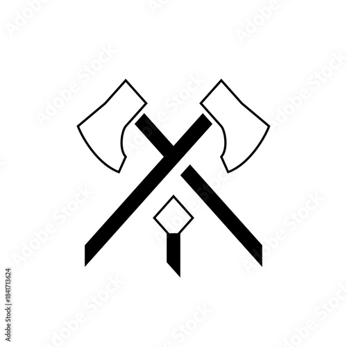 Black and White Miners Tools Icon with Two Axes and Pickaxe