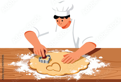 A chef cuts heart shapes into dough with a cutter on a floured surface
