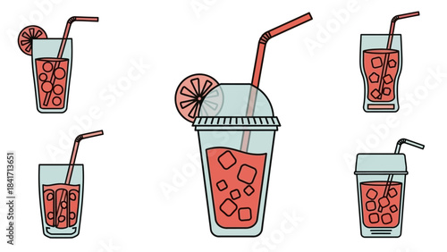 Refreshing Iced Drinks Collection with Straws and Citrus Garnish.