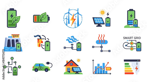 Renewable Energy and Smart Grid Technology Icons Set.