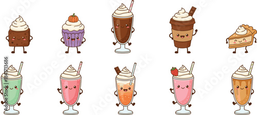 Cartoon desserts and drinks with smiling faces, whipped cream toppings, playful characters, colorful style, flat vector illustration