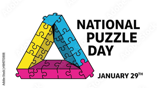 Celebrate National Puzzle Day on January 29th with vibrant interlocking pieces, representing teamwork, problem-solving, and strategic thinking for bright and engaging promotions