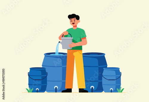Person pouring water into large blue barrels for storage