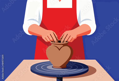 Hands shaping clay pot on a pottery wheel, wearing apron