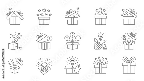 Set of outline gift box icons with various surprises and celebrations.