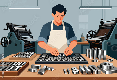 A craftsman carefully arranging metal letter blocks on a typesetting tray