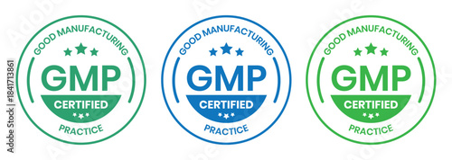 GMP Certified logo. Good Manufacturing Practice Certified Set Badge, Stamp, Icon, Seal, Label, Tag, Emblem For CBD Label Oil and Packaging Design. Vector Illustration