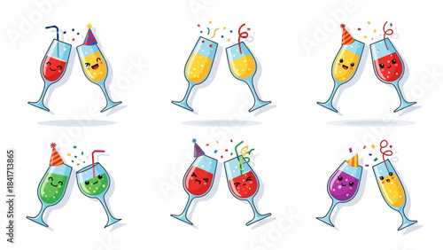 Set of six pairs of cartoon cocktail glasses toasting, celebrating with party hats and confetti.