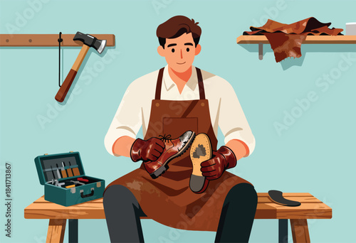 Person in apron and gloves repairs shoe with tools and leather