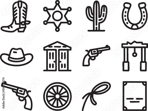 Cowboy western icons set with boot sheriff badge cactus horseshoe hat building gun wheel lasso and document