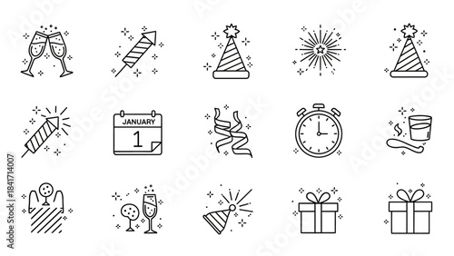 New Year Celebration Icons Set Vector Illustration.