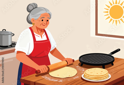 An older woman with gray hair rolls out dough on a wooden table in a kitchen