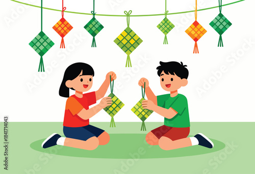 Children hang diamond-shaped decorations, celebrating tradition