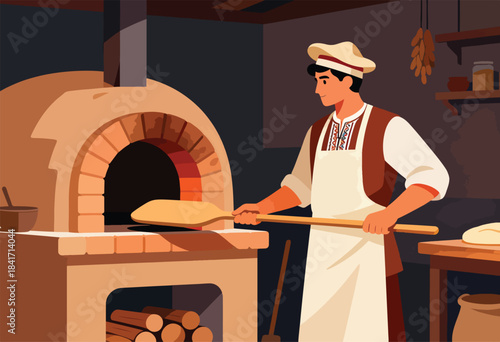 Baker uses peel to place dough in brick oven, wearing traditional clothes