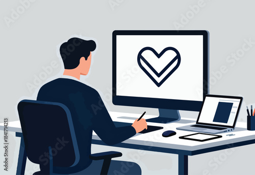 Person works on computer, displays heart icon