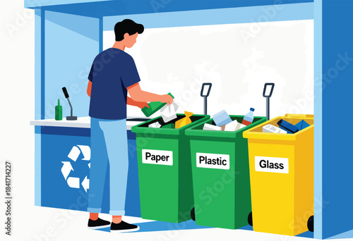Person sorts waste into labeled bins for paper, plastic, and glass recycling