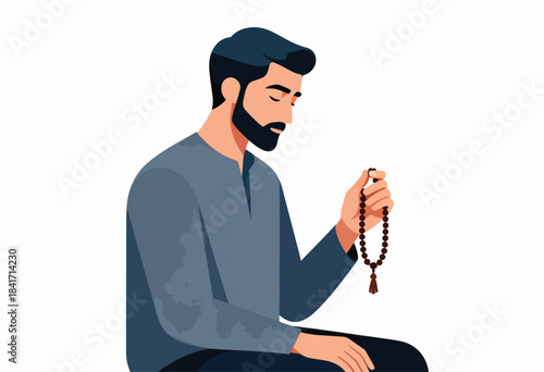 Bearded man with eyes closed holds prayer beads in thoughtful contemplation