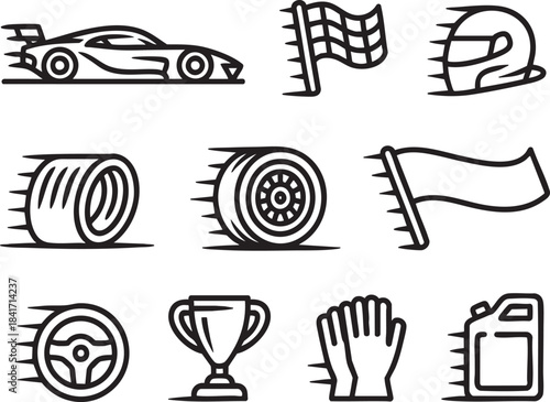 Racing car checkered flag helmet tire steering wheel trophy gloves fuel can icons vector