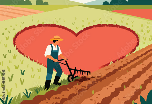 A farmer tending a heart-shaped field, preparing the soil with a rake