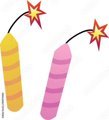 Two long striped firecrackers, yellow and pink, with a wick and flame.