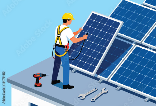 Technician installing solar panels on a rooftop with tools
