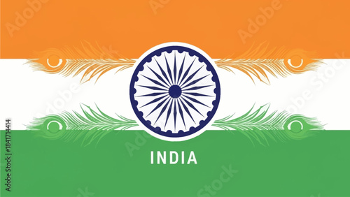 Celebrate India with this vibrant flag design featuring traditional peacock feathers and the Ashoka Chakra, perfect for national holidays and cultural events
