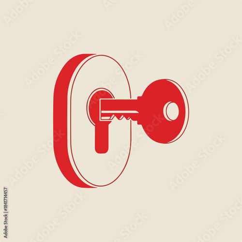 Bold red key engaging a classic keyhole, an isometric graphic symbol representing security, access, problem-solving, and the unlocking of new opportunities