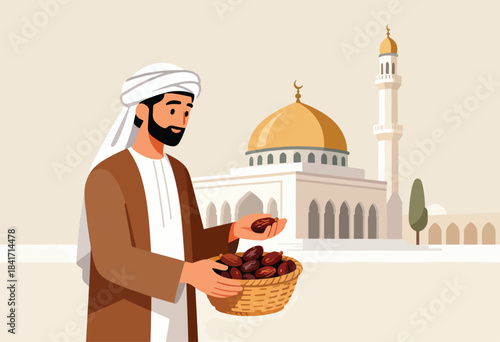 Man in traditional attire holds basket of dates before a mosque