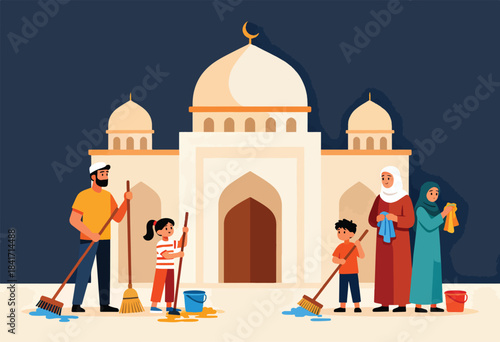 Diverse Muslim family cleans mosque together, promoting unity