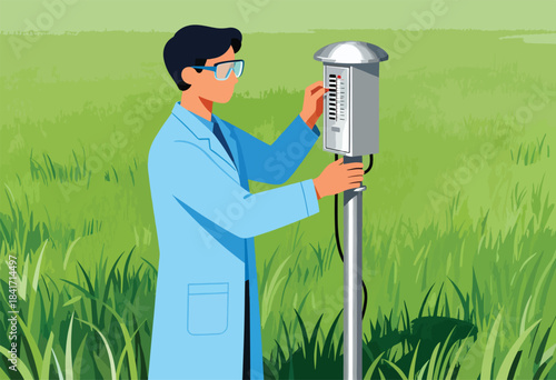 Scientist adjusting environmental sensor in green field