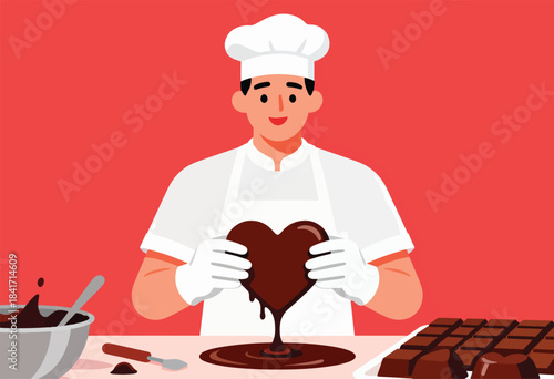 Chef holds melting chocolate heart, ready to make treats