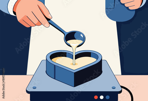 A hand pours liquid into a heart-shaped mold from a spoon