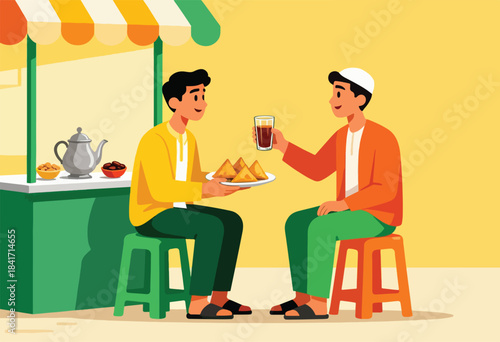 Two men enjoying tea and snacks at an outdoor stall