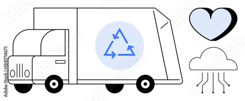 Sustainability, recycling, eco transportation, environmental care, green technology, waste management. Recycling truck with arrows symbol, heart and cloud with circuitry. Sustainability