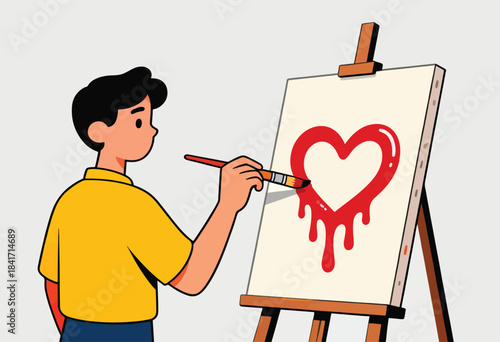 Person painting a dripping red heart on an easel