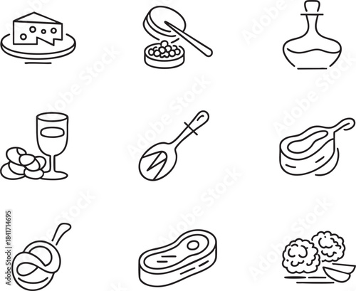 Set of nine black line art food icons including cheese steak wine and caviar vector
